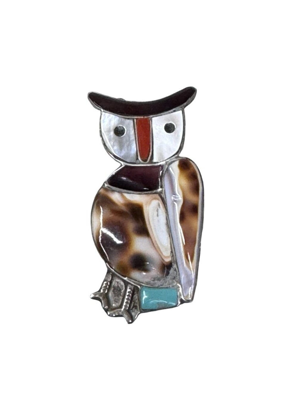 Rare Stunning Vintage Signed Zuni Owl Pin Jet Turquoise MOP Shell Velma Lesansee